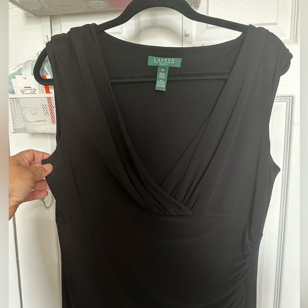 Ralph Lauren Sleeveless Faux Wrap Ruched Black Jersey Dress Size 14